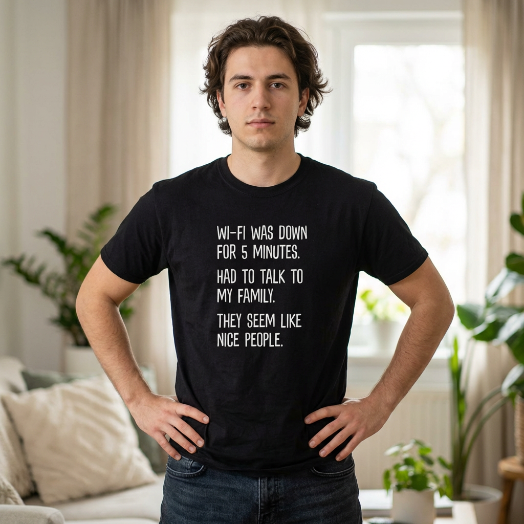 Funny Wi‑Fi Down T‑Shirt — "Wi‑Fi was down for 5 minutes. Had to talk to my family."